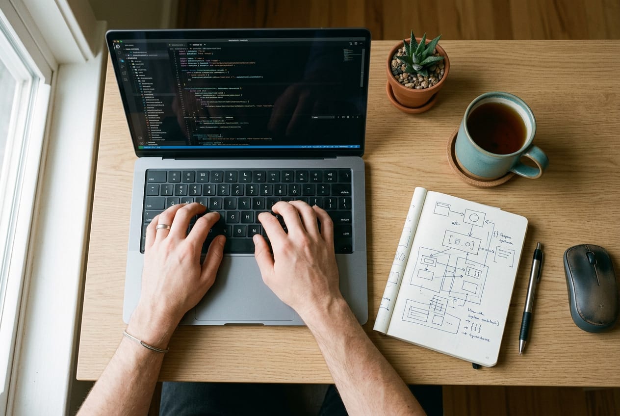 Hands typing on a laptop beside a notebook of hand-drawn system diagrams