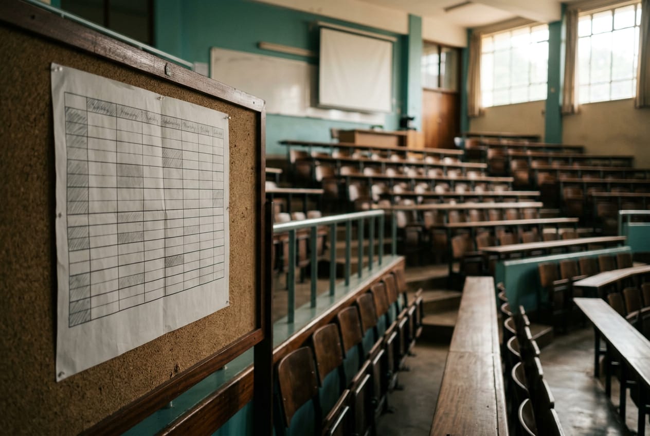 An empty university lecture hall with a printed weekly timetable pinned to a noticeboard