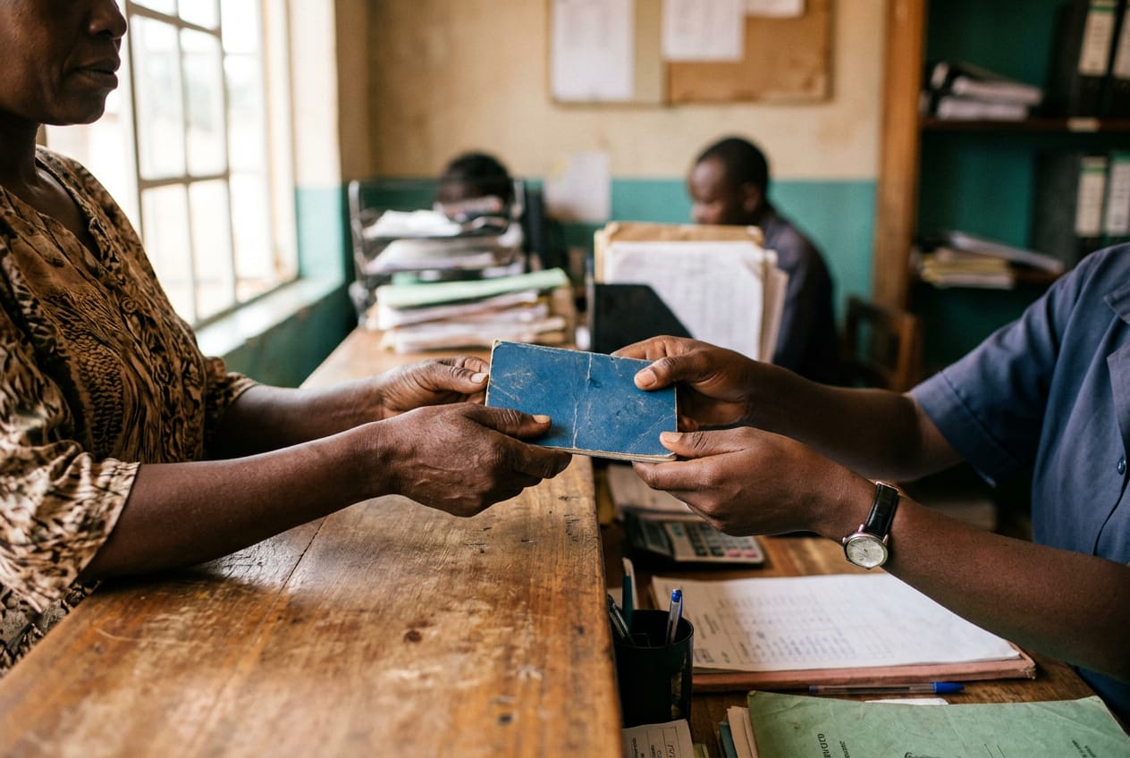 A member's hands passing a passbook across the counter of a savings cooperative office