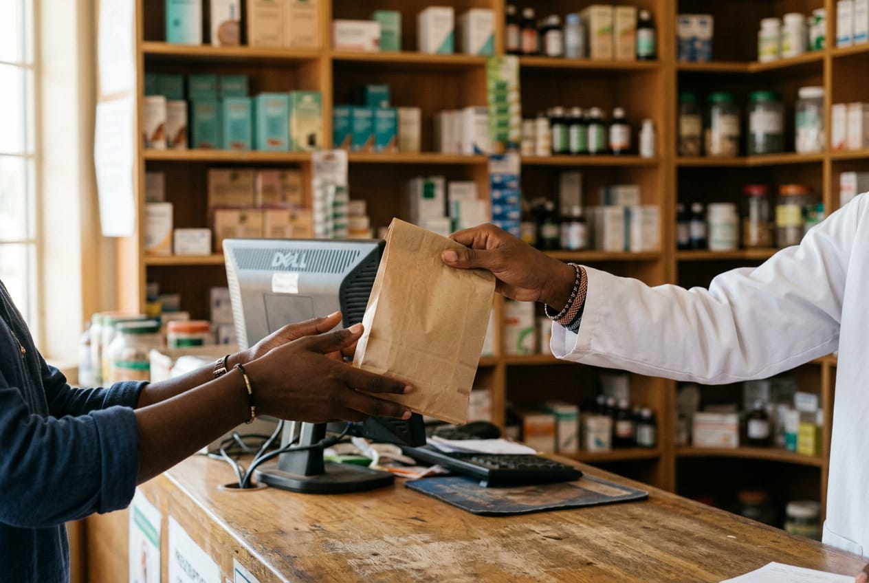 A pharmacist's hands handing over a paper prescription bag at a pharmacy counter
